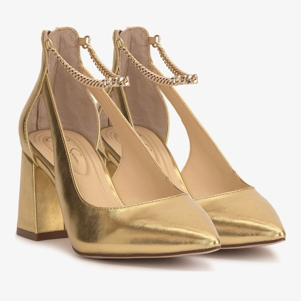 Jessica Simpson Women's Sylan Gold Metallic Square Heel Pumps Cutout Chain NWT